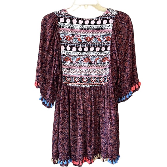 Umgee Bohemian Peasant Tassel Mixed Print Yoke Collar Tunic Top Sz S - Picture 7 of 8